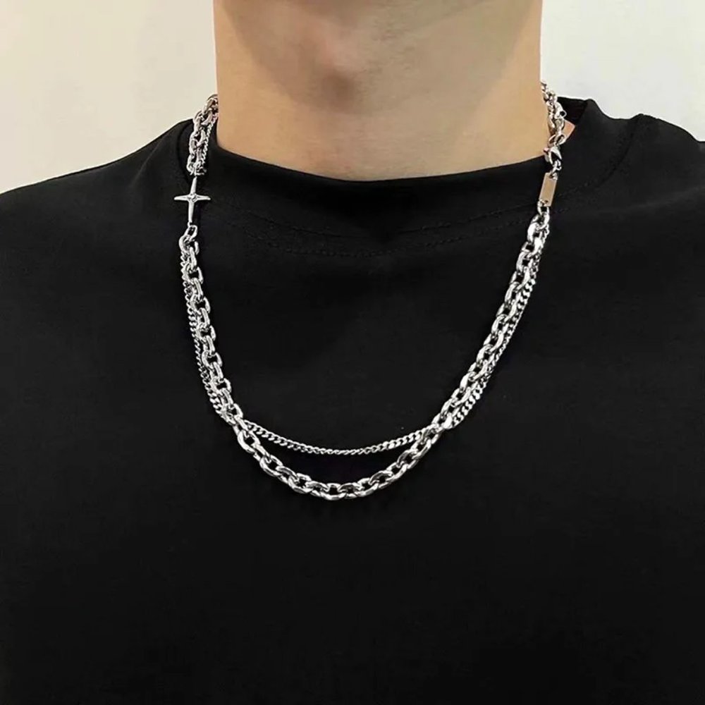 Brand New Cross CHUNKY THICK CHAIN CHOKER SPLICING DOUBLE LAYER NECKLACE - Picture 6 of 6
